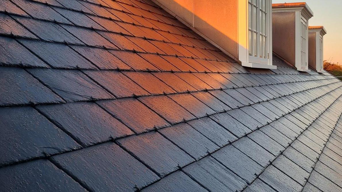 Perspective closeup view of a slate tile roof using the hook fix method of installation and with golden sun reflecting off the tiles.